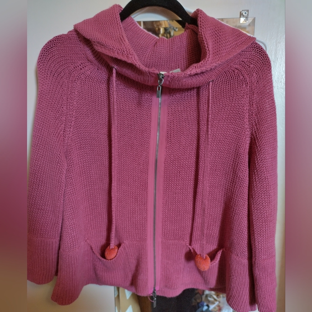 Anthropologie Moth Pink Sweater With Full Zip And Hood Size Small